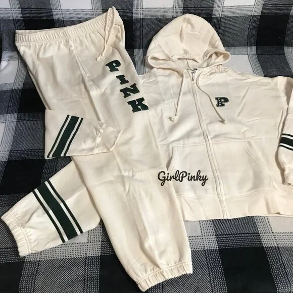 VS PINK SWEATPANTS OUTFIT & FULL ZIP IN WHITE SHELL & DARK FOREST GREEN L XL XXL - Picture 2 of 11